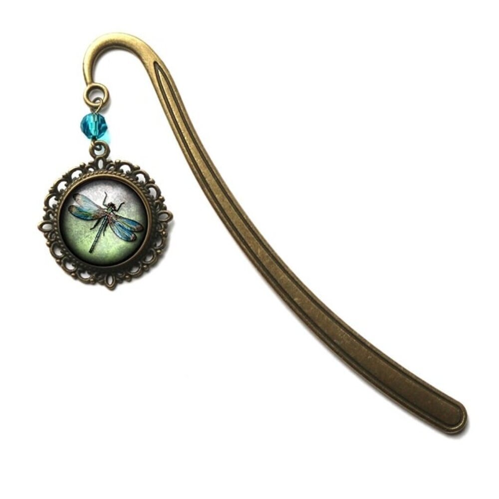 Dragonfly Bookmark - Vintage‎ Inspired Glass & Bronze Cabochon Book Hook